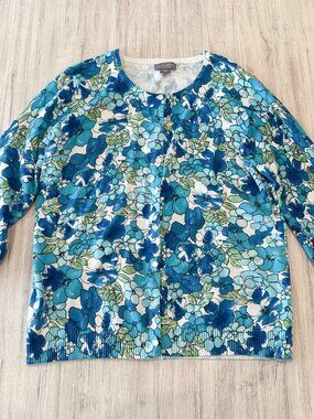 Laura Scott Floral Cardigan Womens Medium 100% Cotton Blue Teal Green Button Fro